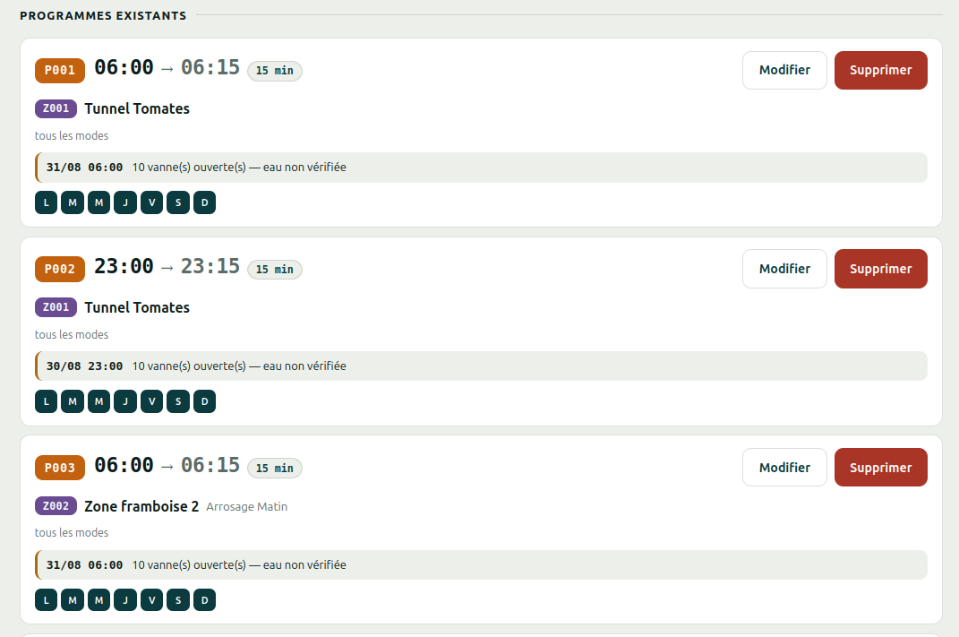 Liste des programmes d'arrosage