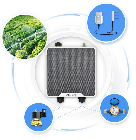 Contrôleur Milesight UC512 relié à une électrovanne, un compteur d'eau et une sonde de sol