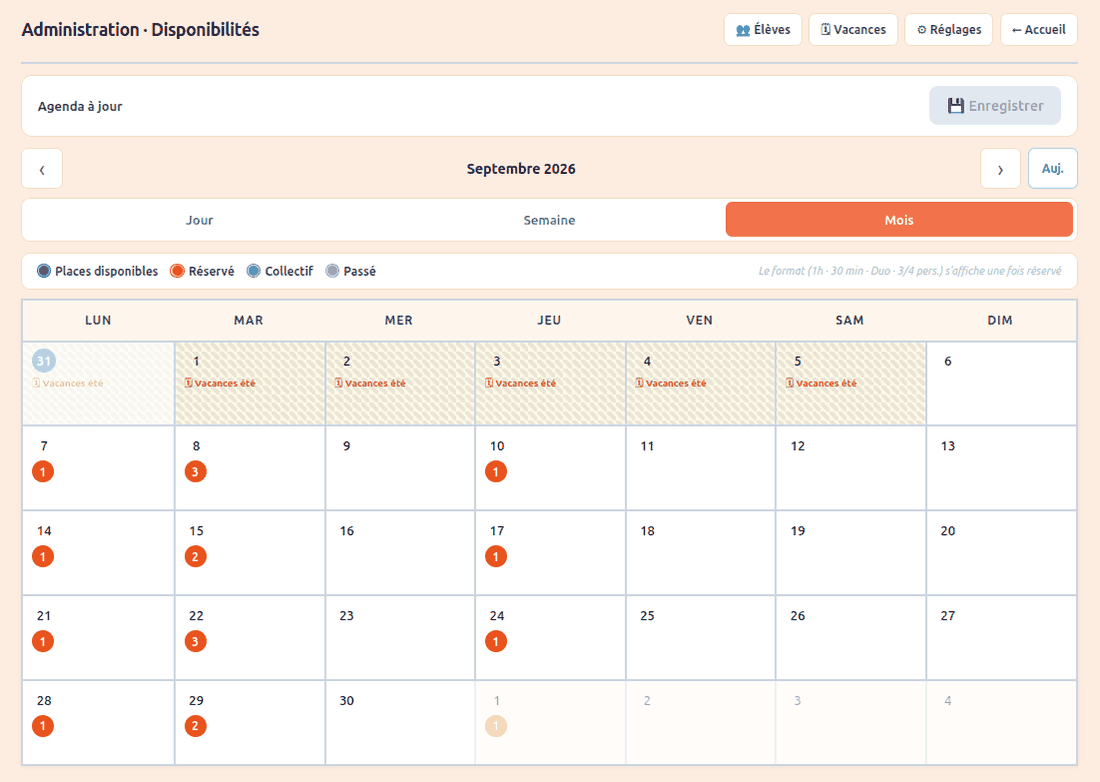 Agenda mensuel des disponibilités